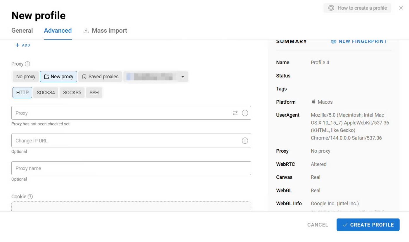 Dolphin Anty profile proxy field set to New proxy with HTTP and SOCKS options