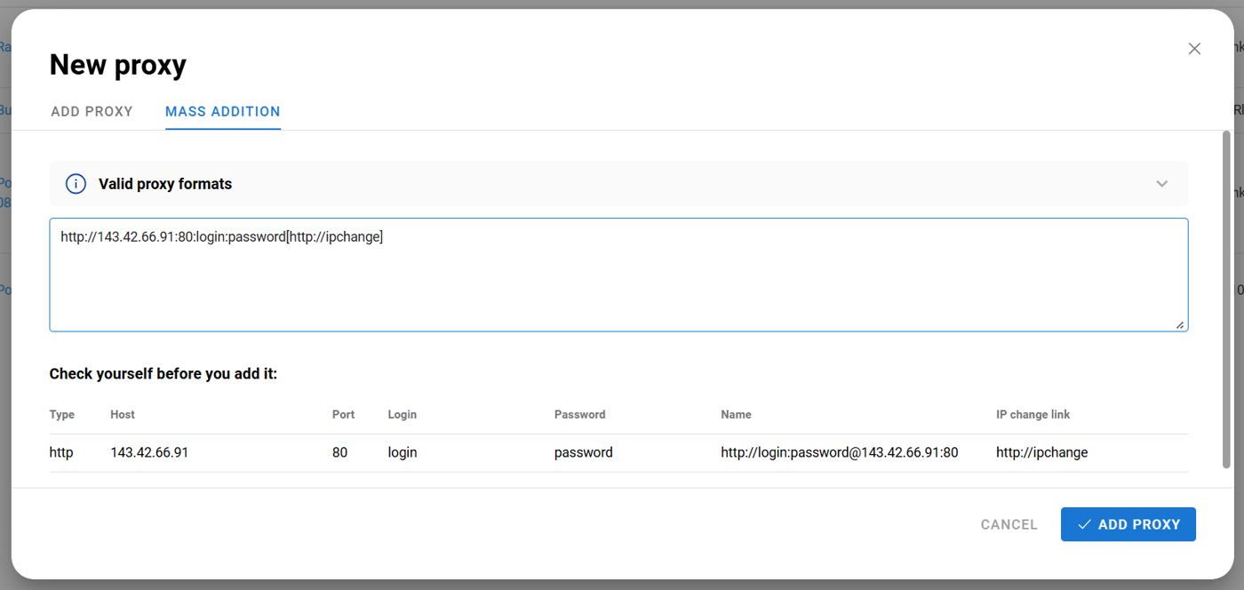 Dolphin Anty Mass Addition dialog with a pasted proxy line parsed into host, port, login and password
