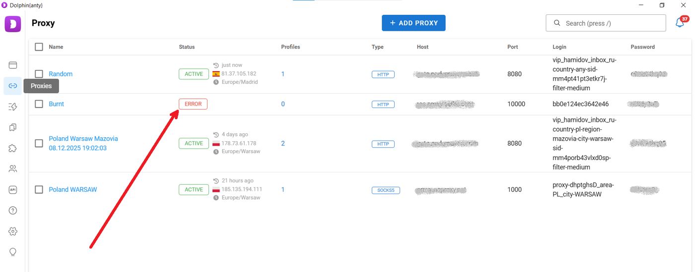 Dolphin Anty proxy manager list showing active and error statuses per proxy