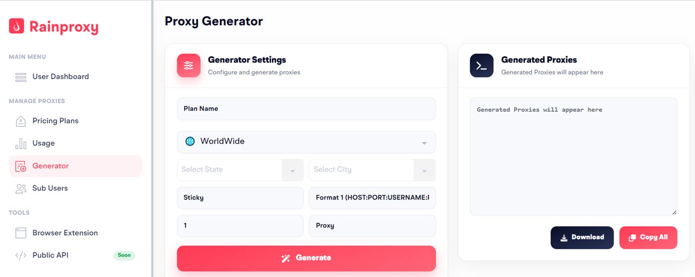 Rainproxy dashboard proxy generator with country, format and quantity settings